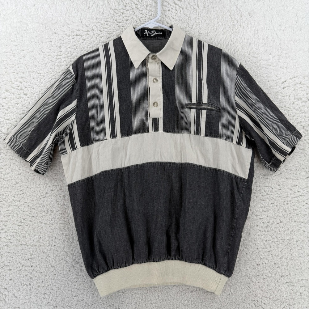Vintage Alan Stuart Polo Shirt Mens Medium Gray Stripe Colorblock Elastic Waist